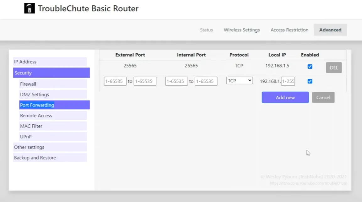 Port Forwarding section of router