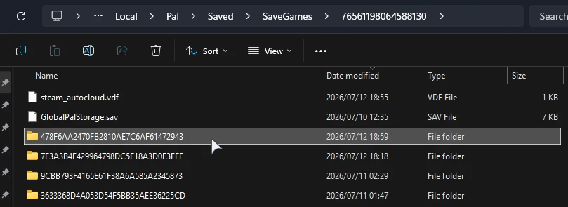 Select the complete Palworld save folder