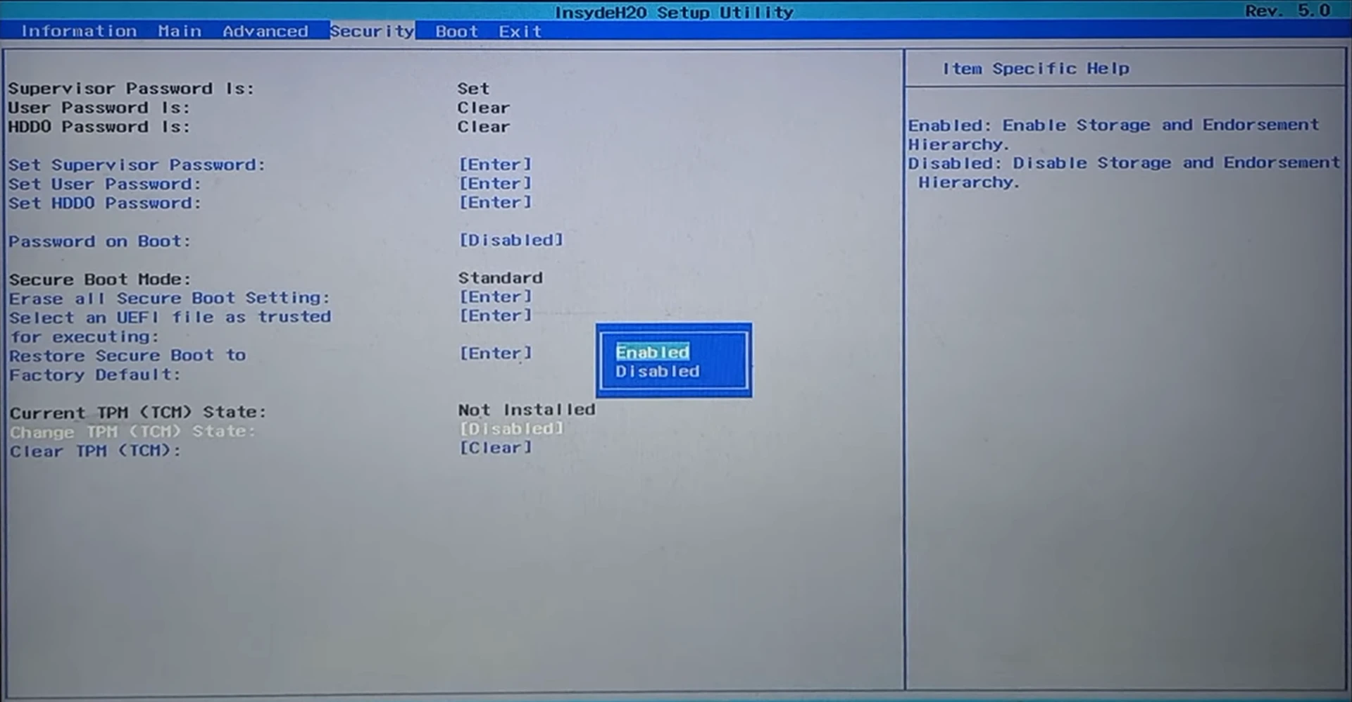 TPM Settings popup