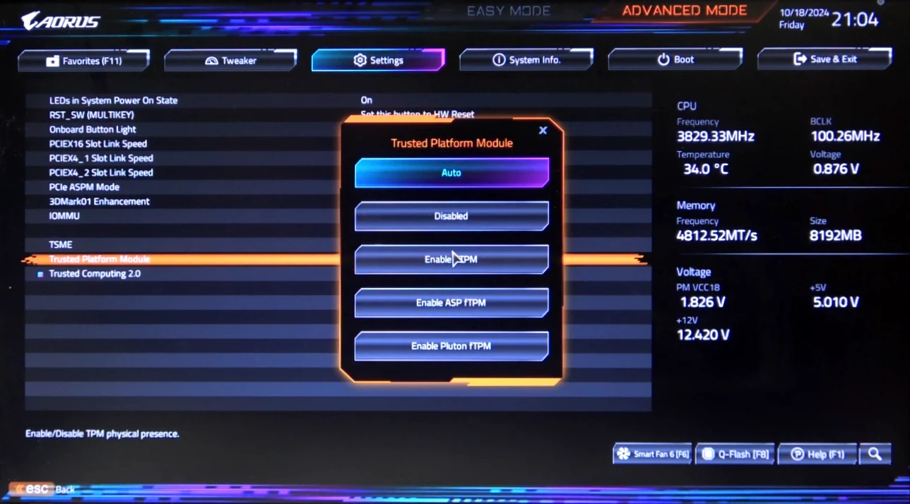 TPM Settings popup