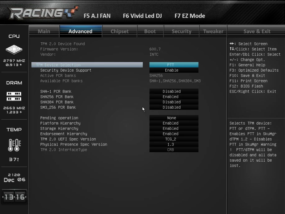 TPM Settings popup