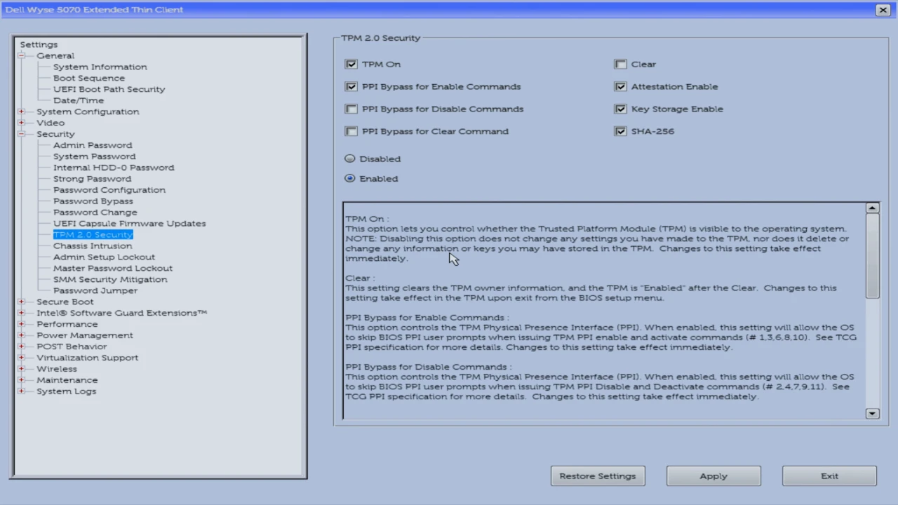 TPM Settings tab