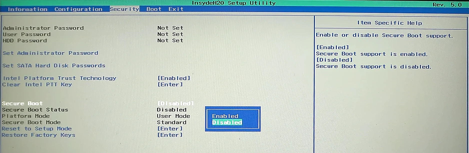 Secure Boot tab