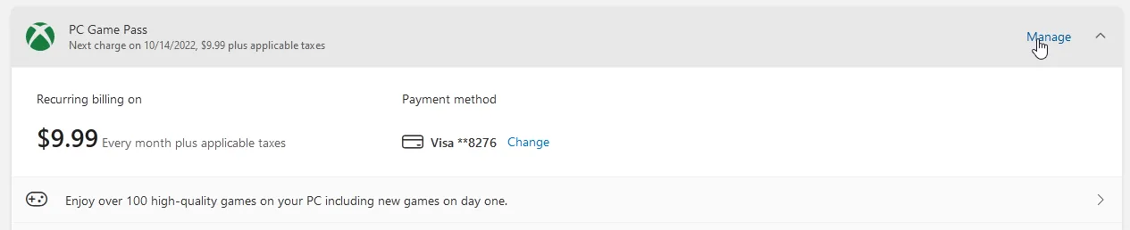 Manage button next to PC Game Pass