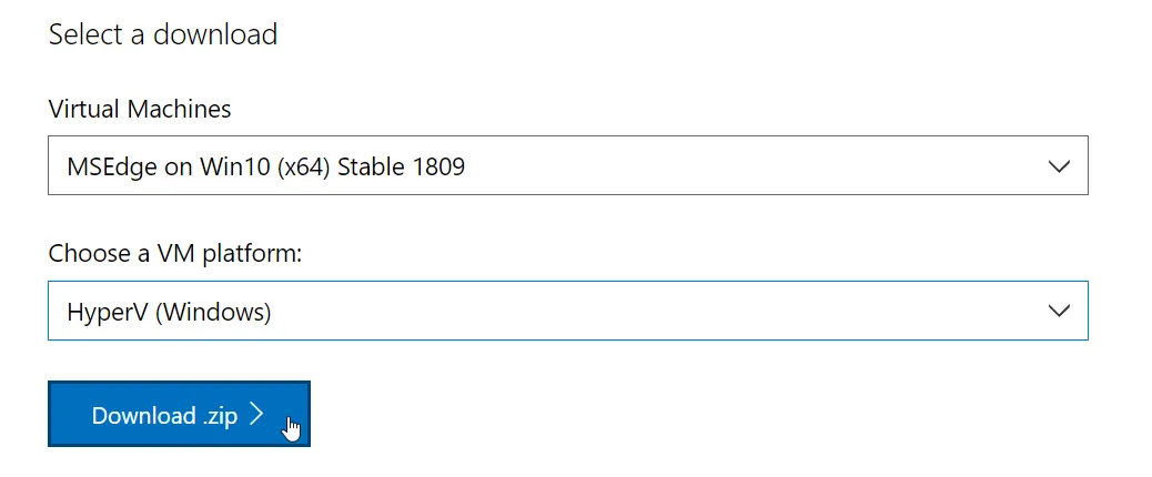 Windows 10 VM for Hyper-V selected