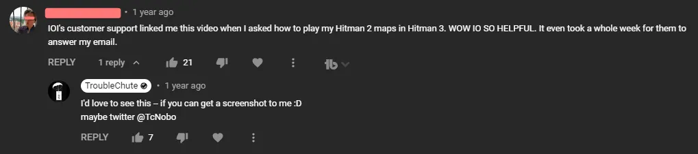 Comment talking about IO Interactive Support