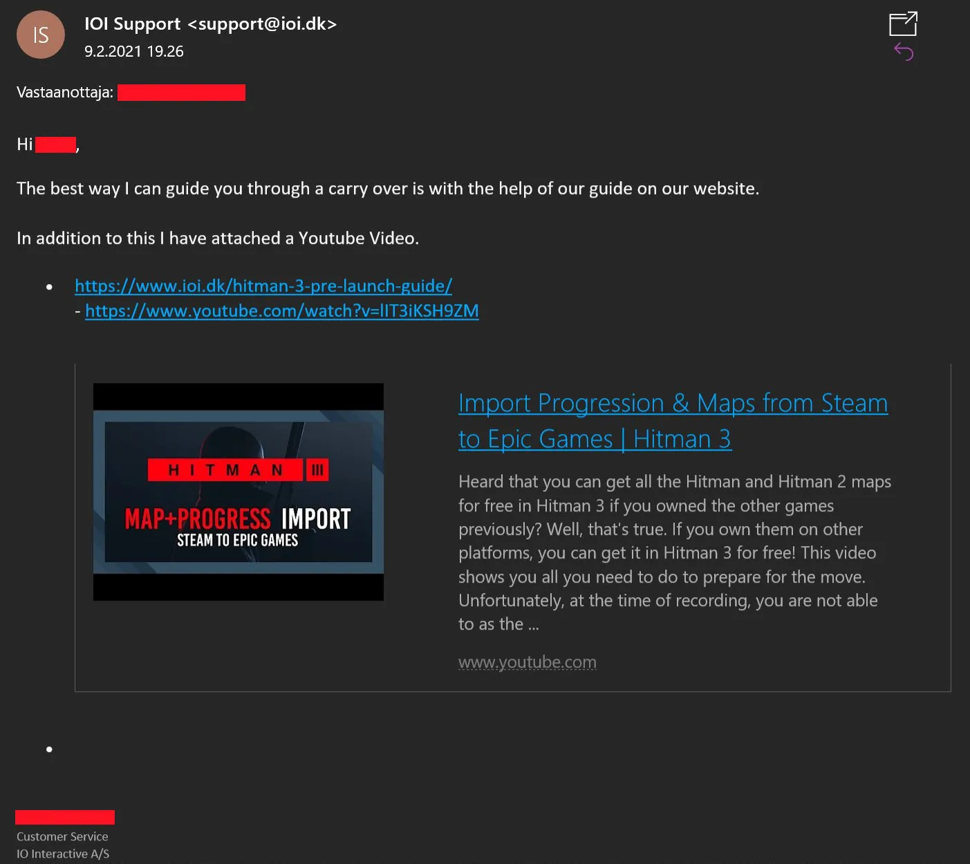 Alleged email response from IO Interactive